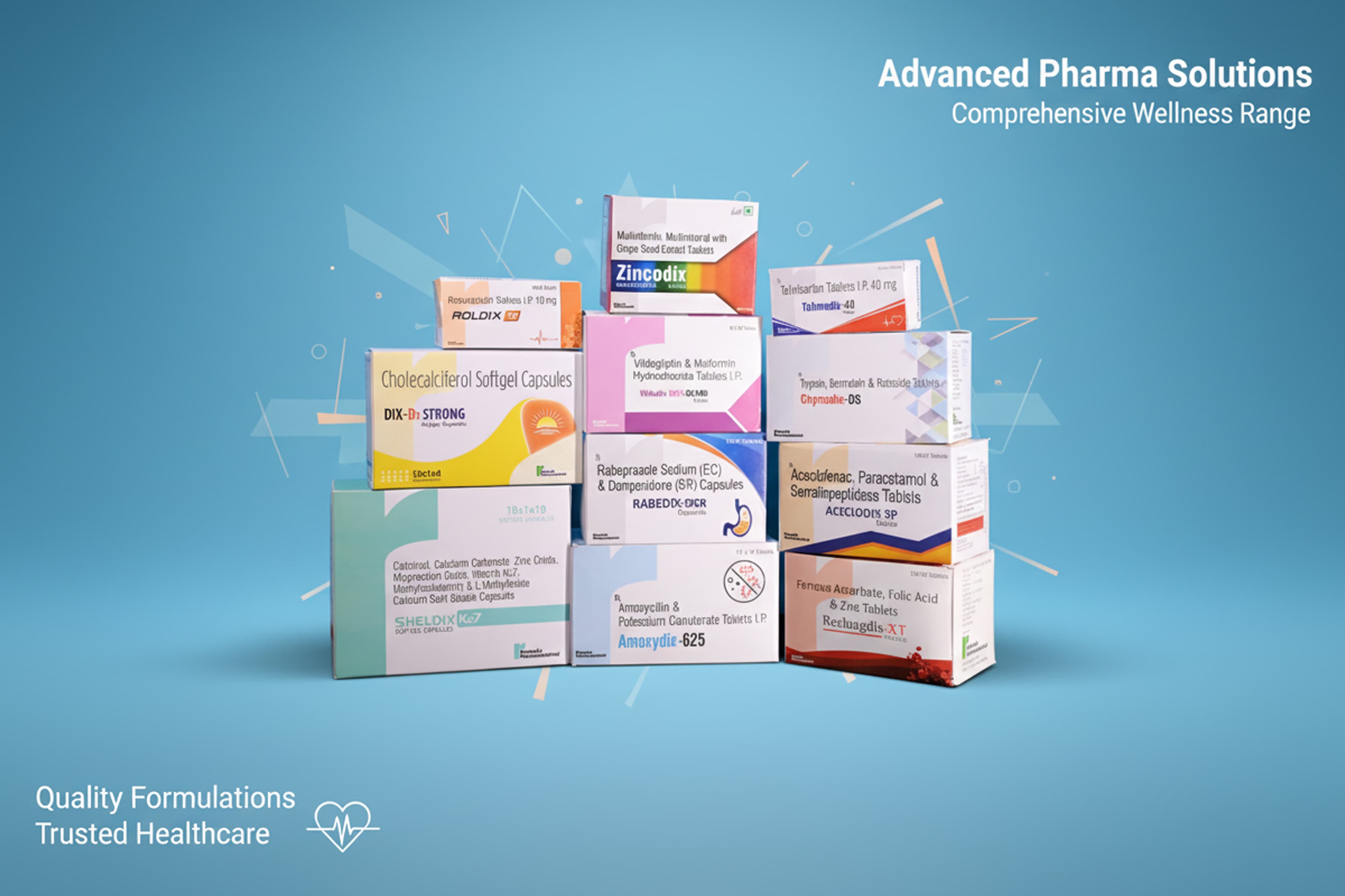 Floating pharmaceutical bottle with glowing particles.