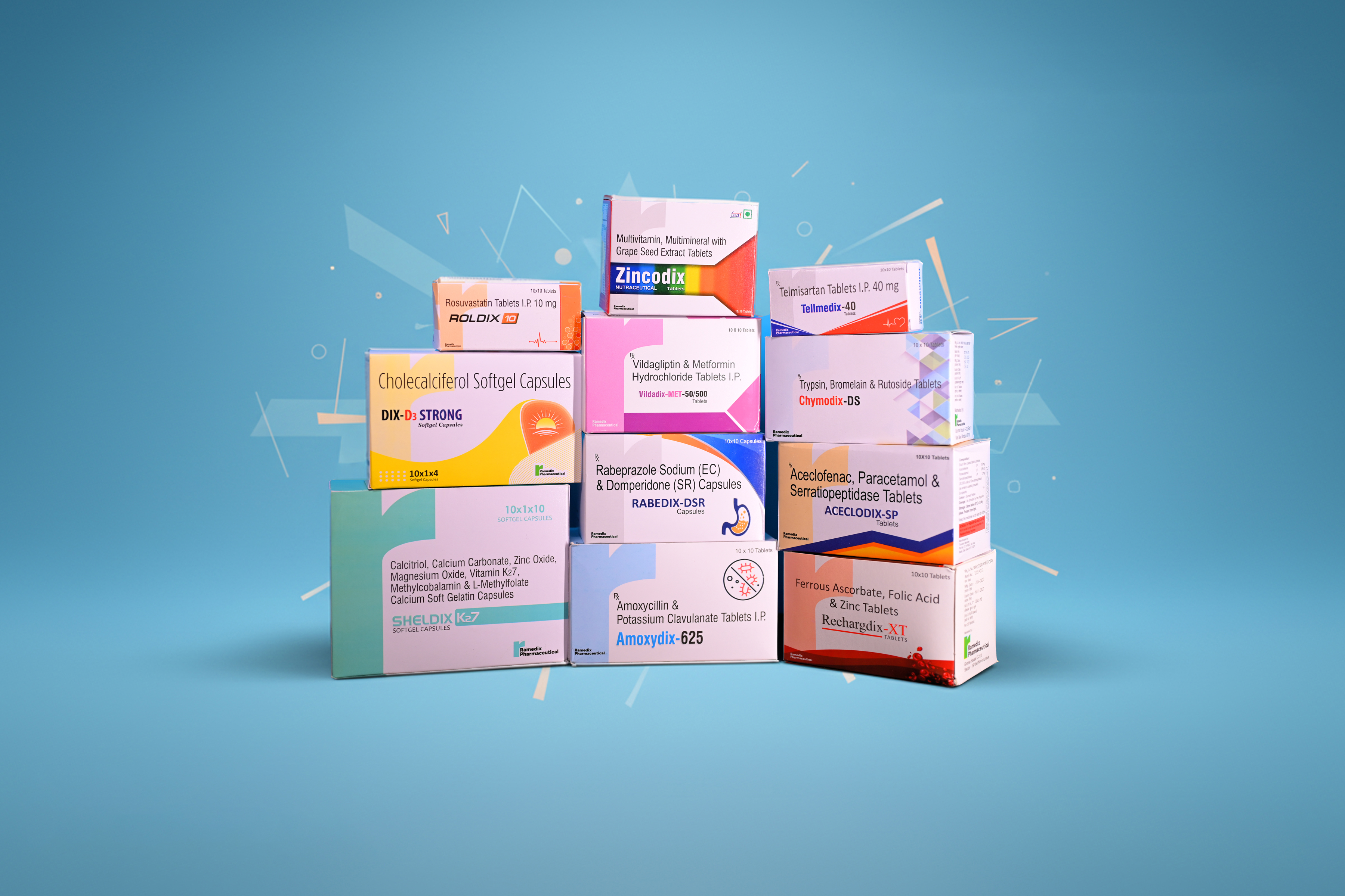 Floating pharmaceutical bottle with glowing particles.